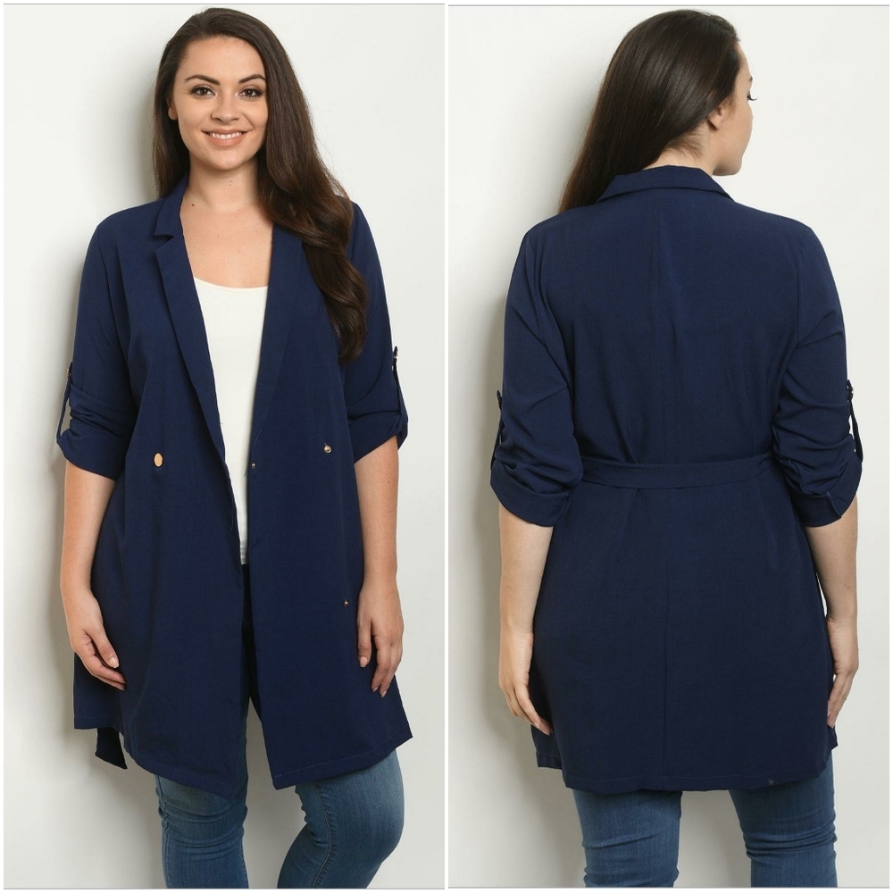 SHOP THE TRENDS Plus Size Navy Light Trench Coat - Picture 3 of 4